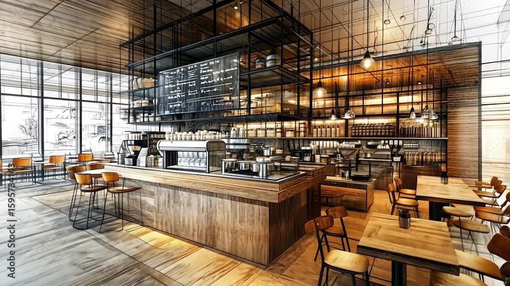 Interior Design Sketch of a Modern Coffee Shop
