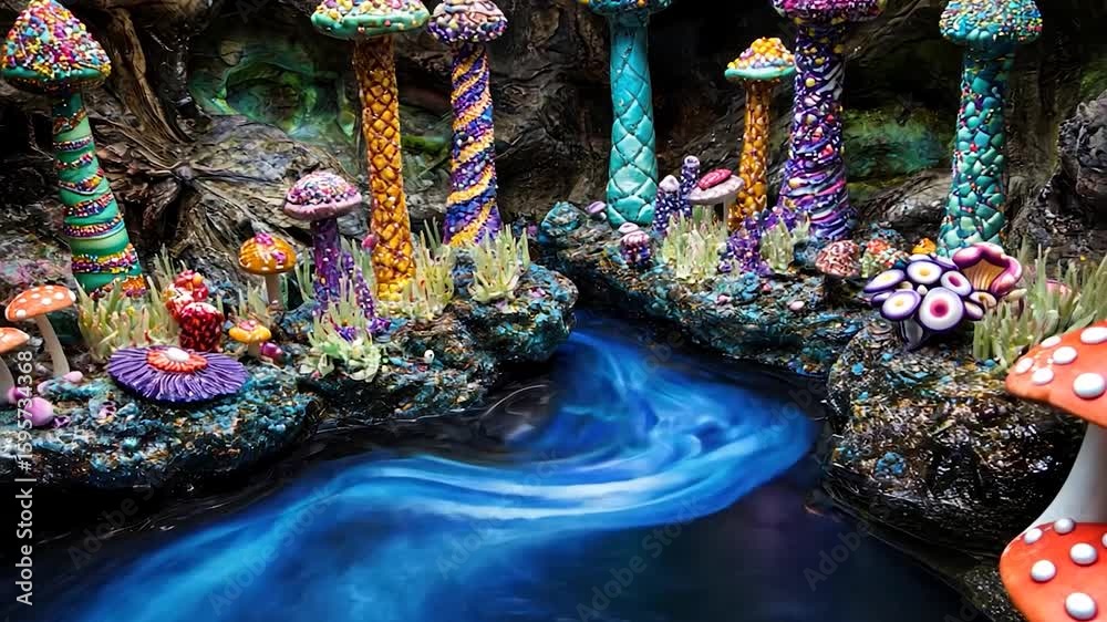 Whimsical, colorful mushroom forest scene with a flowing stream