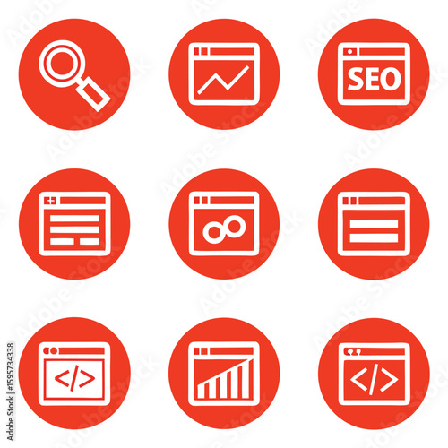 Search analytics code and web page icons magnifying glass
