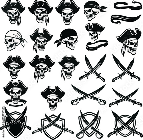 Collection of pirate skull and crossed swords graphic designs.