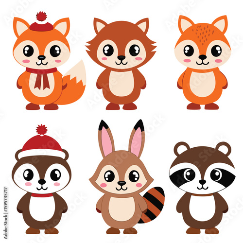 Cute forest animals wearing winter hats and scarves