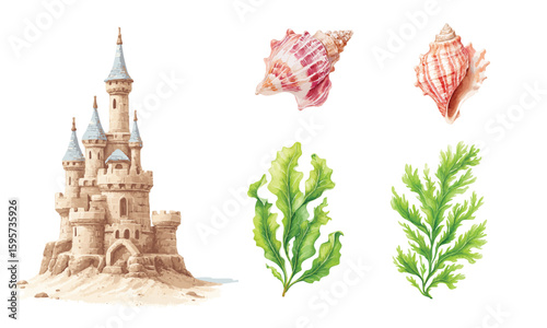 Sand castle with seashells and seaweeds, watercolor illustration isolated