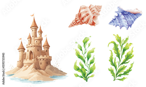 Sand castle with seashells and seaweeds, watercolor illustration isolated