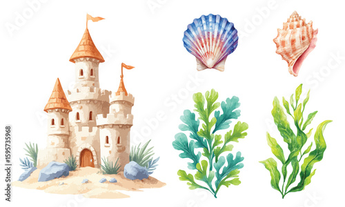 Sand castle with seashells and seaweeds, watercolor illustration isolated