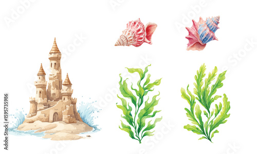 Sand castle with seashells and seaweeds, watercolor illustration isolated