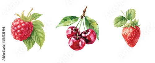 Three different types of berries collection watercolor illustration isolated