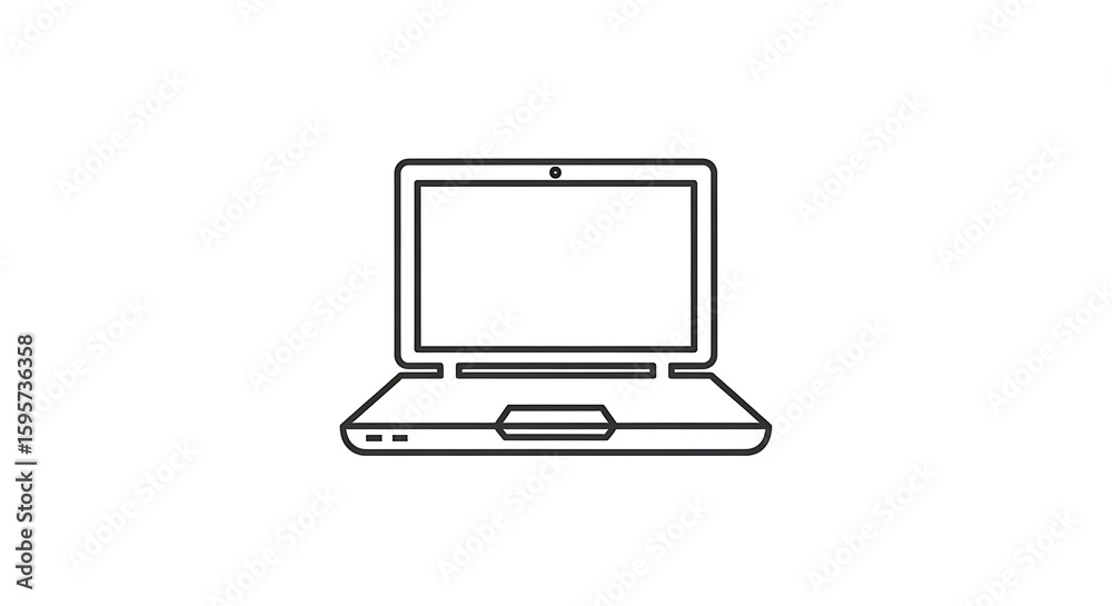 A simple line drawing of an open laptop on a white background with a blank screen display A simple line drawing of an open laptop on a white background with a blank screen display
