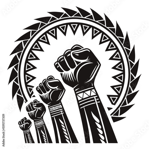 Black raised fists tribal circle black and white tribal art