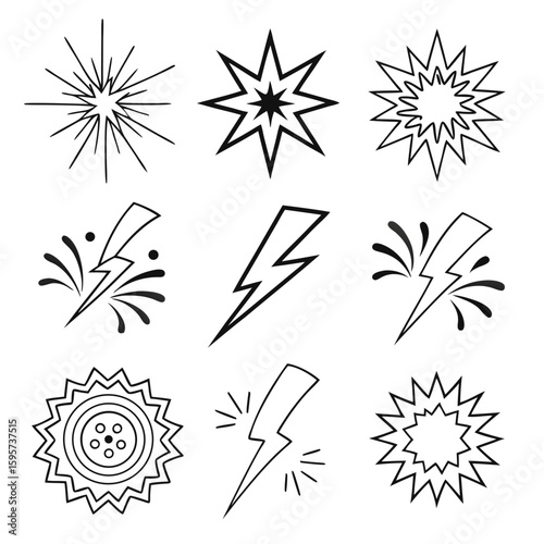 Starburst lightning bolt and circular burst icons explosion