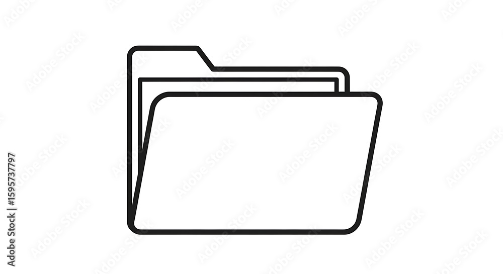 Illustration of an open folder with documents inside in black outline on a white background Illustration of an open folder with documents inside in black outline on a white background