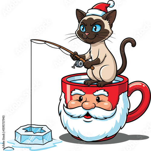 Cute Siamese cat in Santa hat ice fishing from Christmas mug