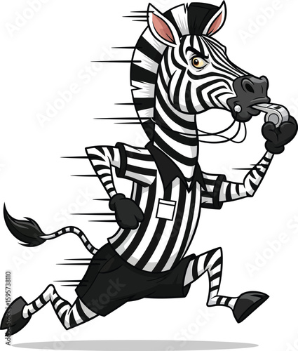 Fast Cartoon Zebra Referee Blowing Whistle Clipart