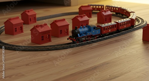Toy Train Set with Miniature Village on Wooden Floor