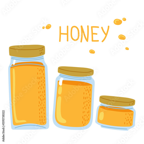 Colorful jars filled with honey arranged in a row on a white background for a creative design