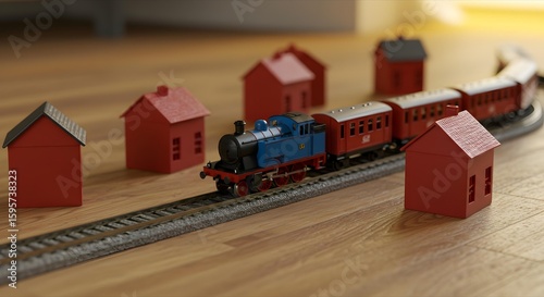 Miniature Toy Train Set with Houses on a Wooden Floor, Transportation Concept