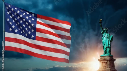 American Flag Waving with Fireworks and Statue of Liberty at Sunset Sky

