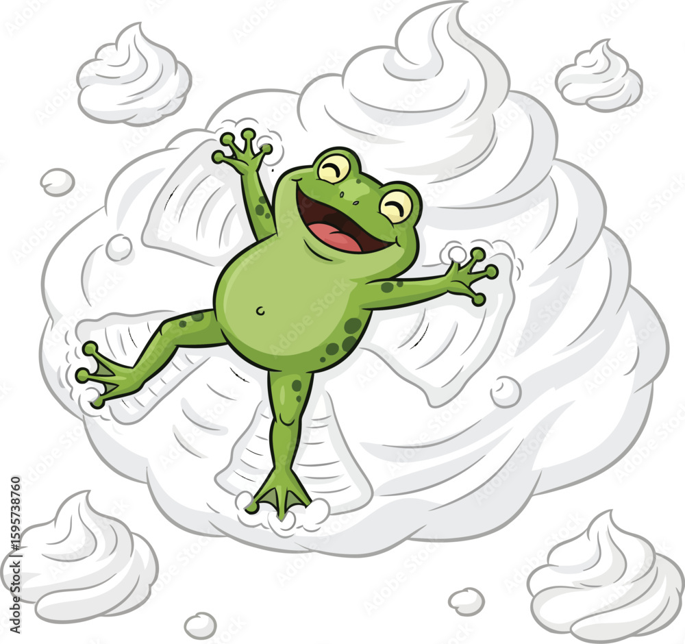 Fototapeta premium Happy Cartoon Frog Playing in Whipped Cream - Sweet Dessert Clipart
