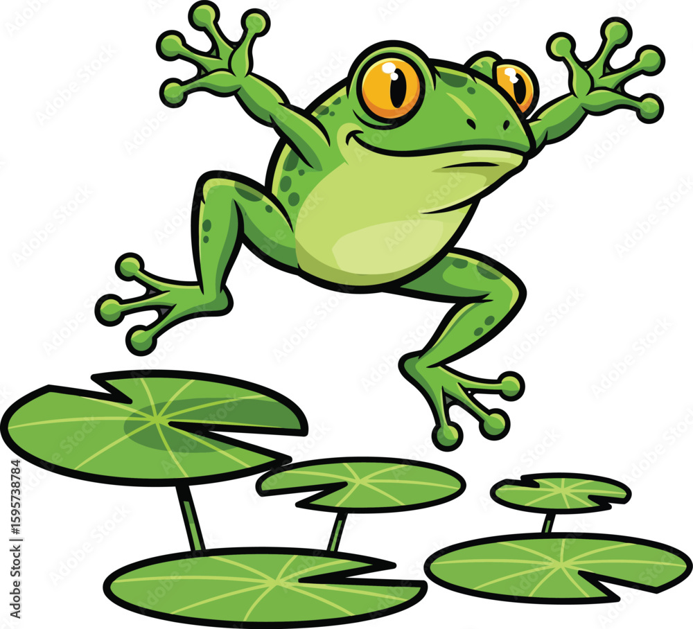 Fototapeta premium Cartoon Frog Leaping on Lily Pads - Pond Life Clipart