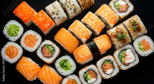 Delicious Sushi Rolls Assortment on Black Background, Close-Up