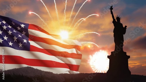 Waving American Flag Background with Fireworks and Silhouette of the Statue of Liberty at Sunset