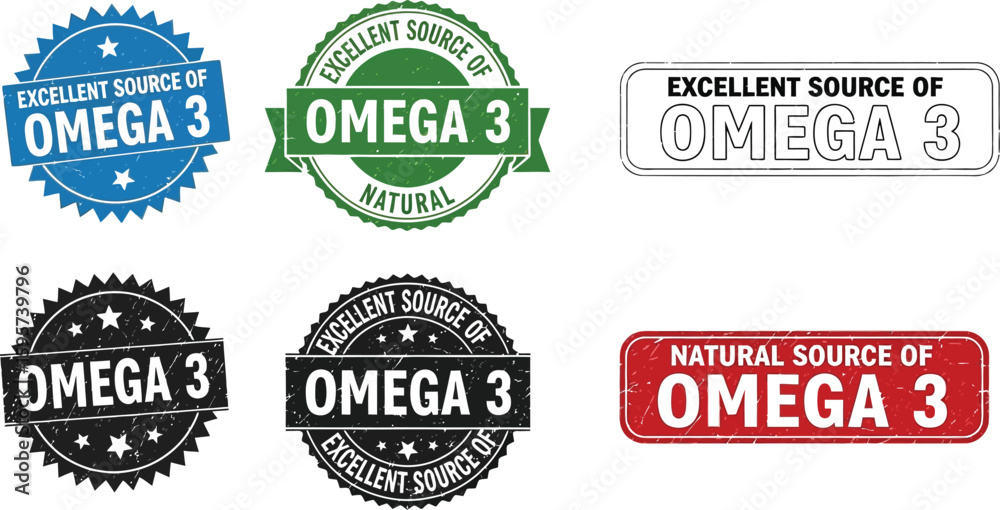 Obraz premium Omega 3 supplement labels and seals for healthy diet and nutrition product marketing