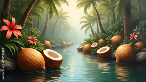 A serene and dreamy oil painting featuring a mesmerizing array of coconuts gently drifting along a winding