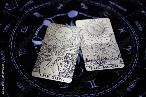 Mystical atmosphere captured through a detailed tarot card arrangement on a textured surface. Rich symbolism and traditional esoteric themes evoke intuition, divination, and spiritual insight. Ideal f