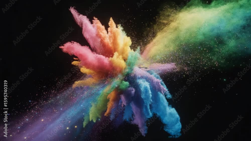 Splash of rainbow Holi powder against dark background