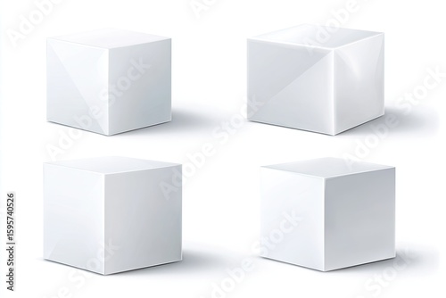 Four white, blank cubes arranged in a grid.  Each cube has subtle, angled shading, suggesting a three-dimensional form