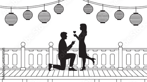 Man proposing to woman with heart shaped object under lanterns proposal engagement