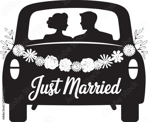Newlyweds in car adorned with flowers and text wedding couple