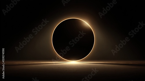 A dark circle of nothingness, framed by glowing orange light, sits on a reflective surface