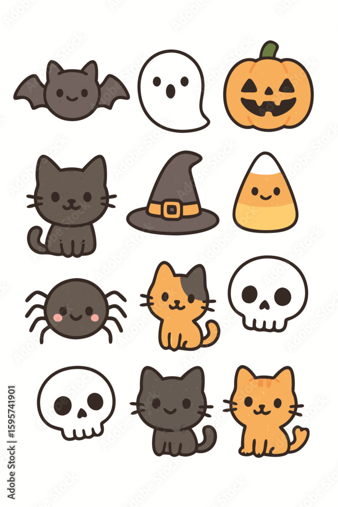 Obraz premium Cute Halloween Characters and Objects, Spooky Season Cartoon Collection