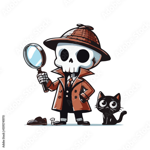 A cartoon skeleton detective in a trench coat and hat holds a magnifying glass, investigating clues beside a curious black cat, blending mystery, humor, and spooky charm.