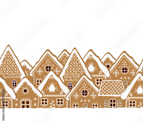 Gingerbread Village. Christmas Background. Seamless border. Banner. Fairytale Winter Landscape. Different Gingerbread Houses on White Background. Greeting Card Template. Vector Illustration