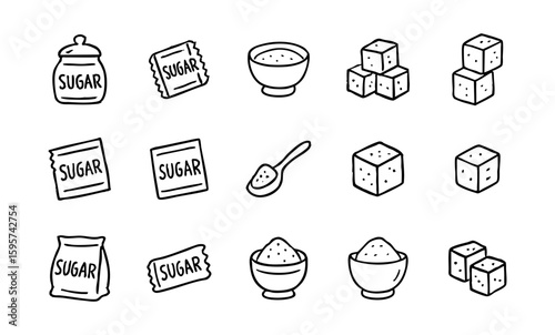 Sugar types vector illustration: sugar cubes, sugar bowl, sugar packets, spoon, and sugar in bowl, doodle style silhouette