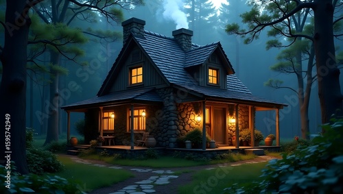 Cozy Cabin in the Misty Woods: A charming cabin nestled amidst a dense, misty forest, its warm lights inviting amidst the surrounding trees.
