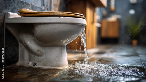 Clogged toilet in a modern bathroom with slow draining water and soft focus on tiled flooring