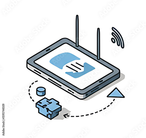 Isometric illustration of a smartphone with a hand icon, connected to a cube and a cylinder via a dotted line.