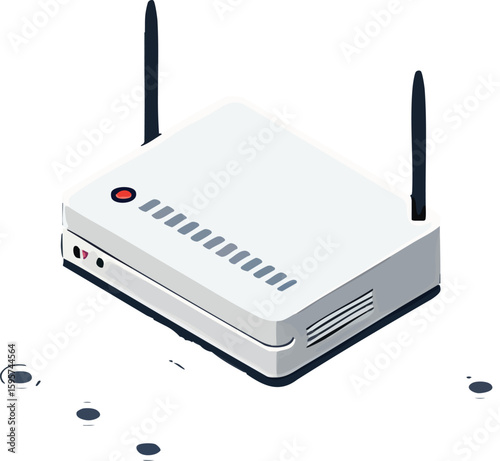 Isometric illustration of a white wireless router with antennas, isolated.