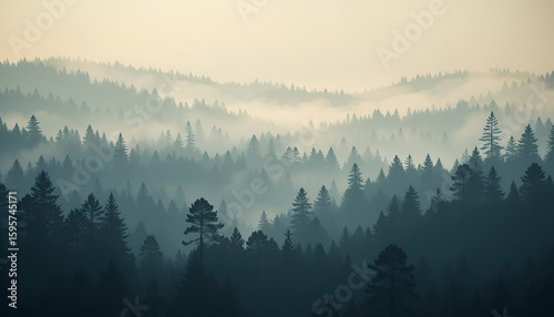 Misty evergreen forest landscape view with fog rolling through the trees on the hills