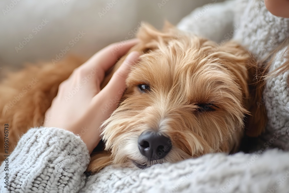 Cozy Dog Cuddling with Owner on Soft Blanket in Warm Indoor Setting Cozy Dog Cuddling with Owner on Soft Blanket in Warm Indoor Setting