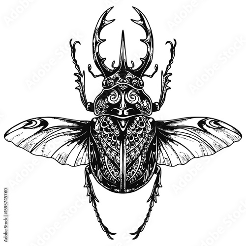 rhinoceros beetle tattoo design with intricate details Black vector illustration with transparent background. Great for print, tattoo flash