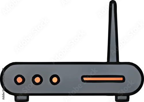 A stylized illustration of a gray wireless router with an antenna and indicator lights.