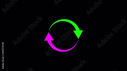 Rotate colorful arrow circle animation on black background, rotation on 2 arrow circle icon sign animated with alpha channel.