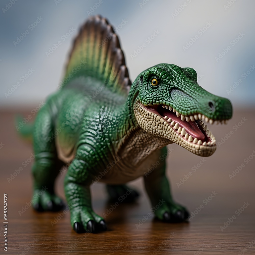 Obraz premium Close-up of a vibrant green Spinosaurus toy dinosaur figurine.