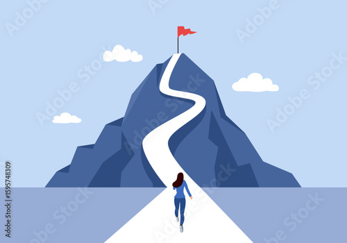 Success mountain, goal achievement concept vector illustration. Business woman character running to success.