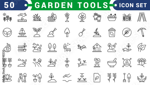 Garden tools collection, doodle icons of gardening and farming equipment, wheelbarrow, pruning shears, watering can, gardening tool set, isolated color clipart on white background.