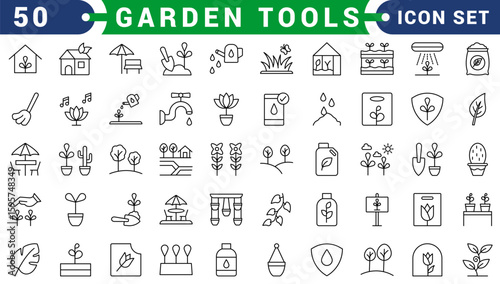 Garden tools collection, doodle icons of gardening and farming equipment, wheelbarrow, pruning shears, watering can, gardening tool set, isolated color clipart on white background.