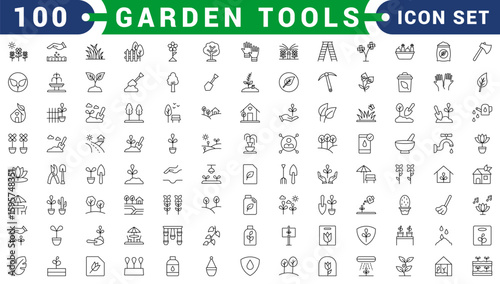 Garden tools collection, doodle icons of gardening and farming equipment, wheelbarrow, pruning shears, watering can, gardening tool set, isolated color clipart on white background.